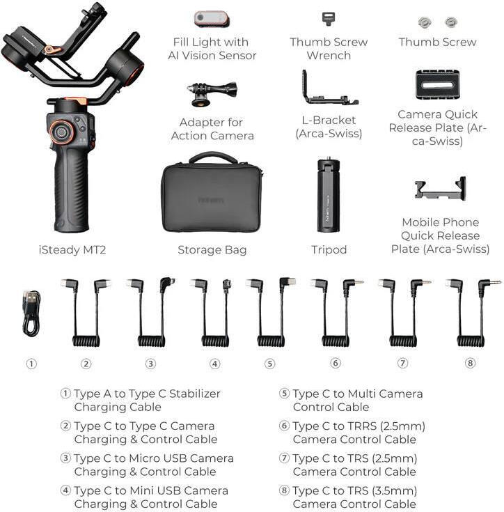 Hohem iSteady MT2 4-in-1 3-Axis Gimbal Stabilizer with AI Vision Sensor, Fill Light, 1.2kg Payload, Arca-Swiss Quick Release for Mirrorless, Action Cam, Phone