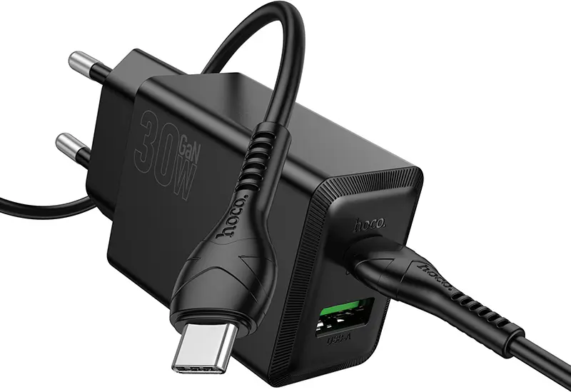 Hoco N71 New Wall Charger Set PD 30W + QC 3.0 Dual Port USB-C and USB-A Fast Charging Adapter with 1m USB-C to USB-C Cable EU Plug Black