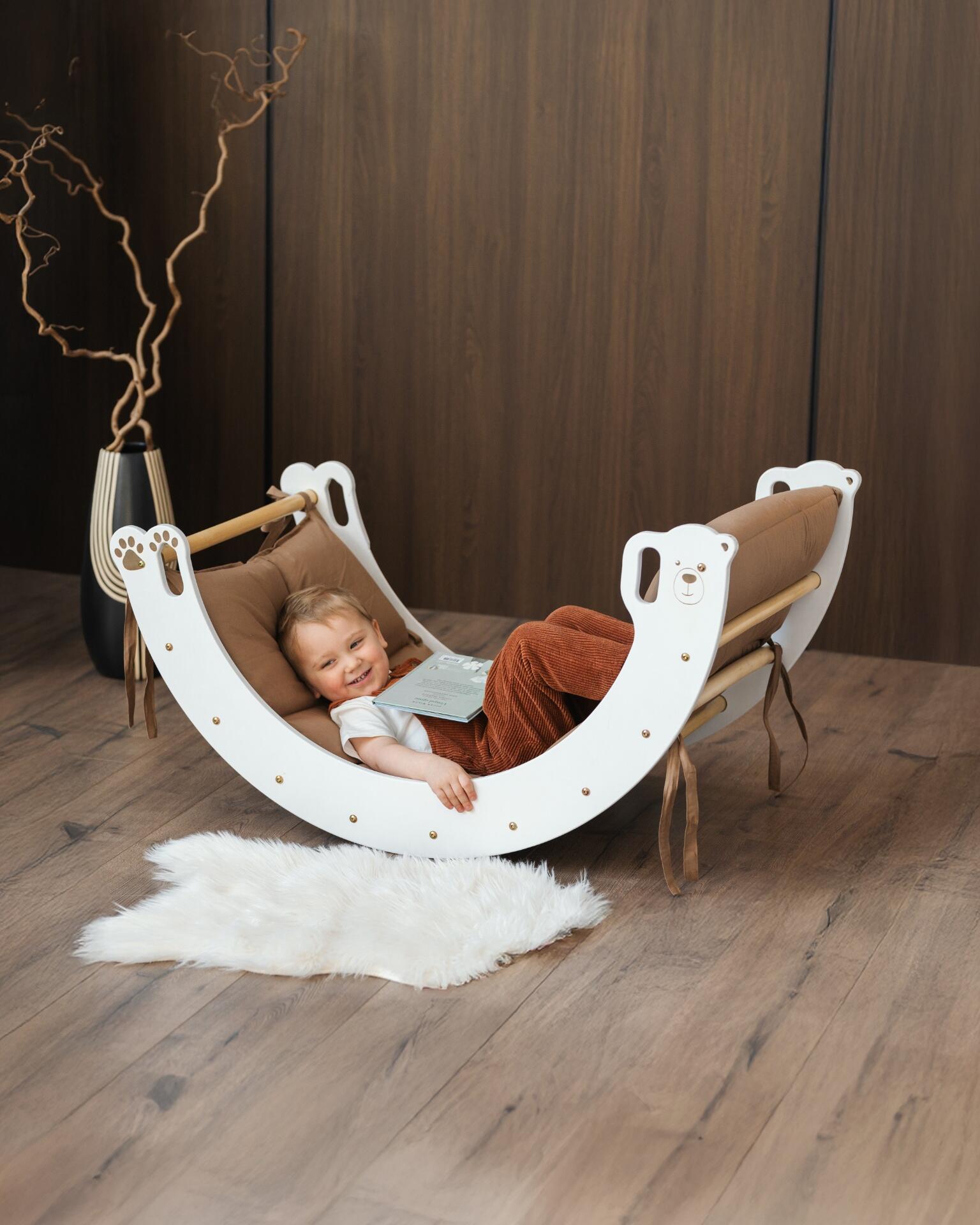 Set de Joacă Modular Pikler Oli.Lioli Bârlog 7-în-1, Triunghi de Cățărat din Lemn, Leagăn în Formă de Urs și Rampă, Gimnastică Montessori pentru Copii 0-10 ani
