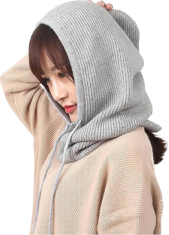 SOMALER Women's Knitted Hood - Light Grey, Cotton/Polyester Blend, Wind & Rain Protection, One Size 55x31x28cm, Minimalist Head & Neck Cover for Spring-Autumn