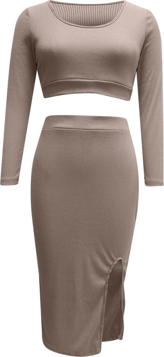 Elegant Two-Piece Knit Set - Long Sleeve Top & Long Slit Skirt, Soft Elastic Fabric, Beige, Size L, Versatile Office to Evening Wear