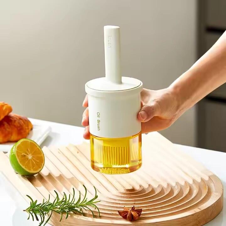 Dozator de ulei 2 în 1 din sticlă cu pensulă din silicon termorezistent, 180ml, capac anti-scurgere, material alimentar pentru grătar, coacere și gătit