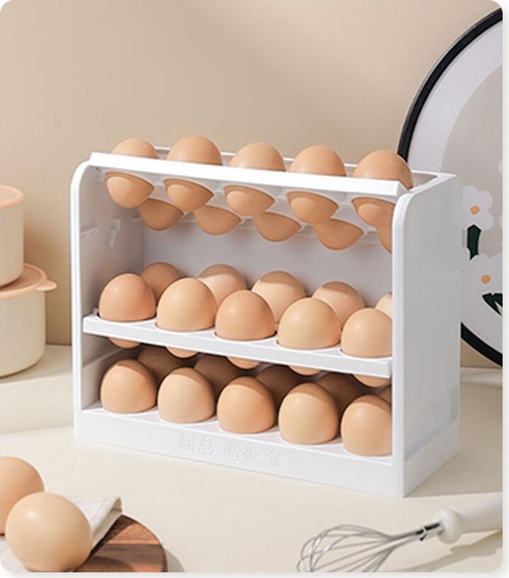 3-Tier White Plastic Egg Storage Organizer - 30 Egg Capacity with Flip-Up Layers