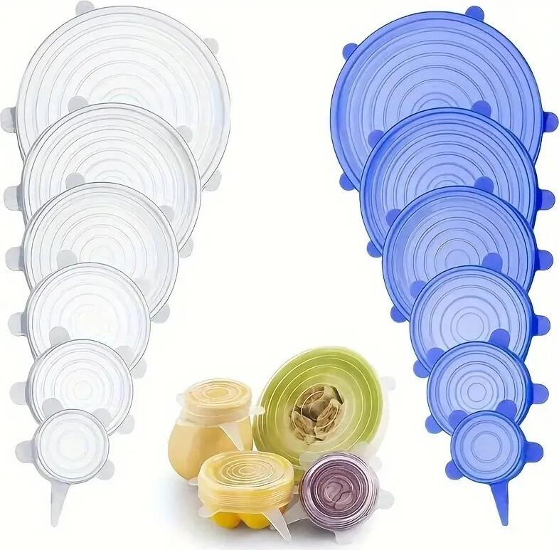 Set of 6 Reusable Elastic Silicone Lids, Universal Stretch Covers for Bowls and Plates, BPA-Free Food Grade Material, Dishwasher Safe, 6 Different Sizes