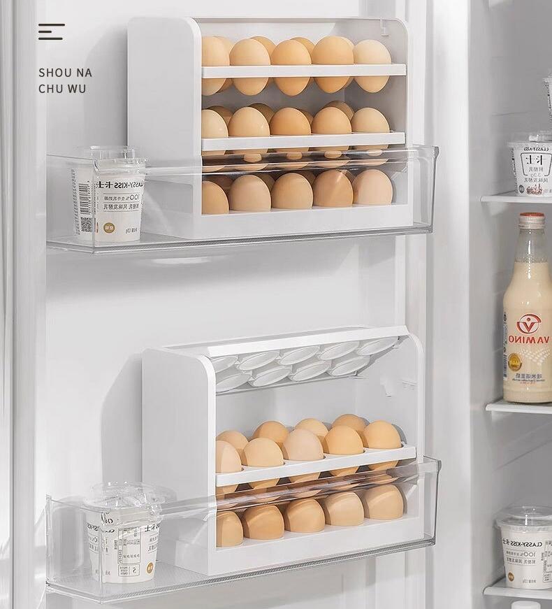 3-Tier White Plastic Egg Storage Organizer - 30 Egg Capacity with Flip-Up Layers