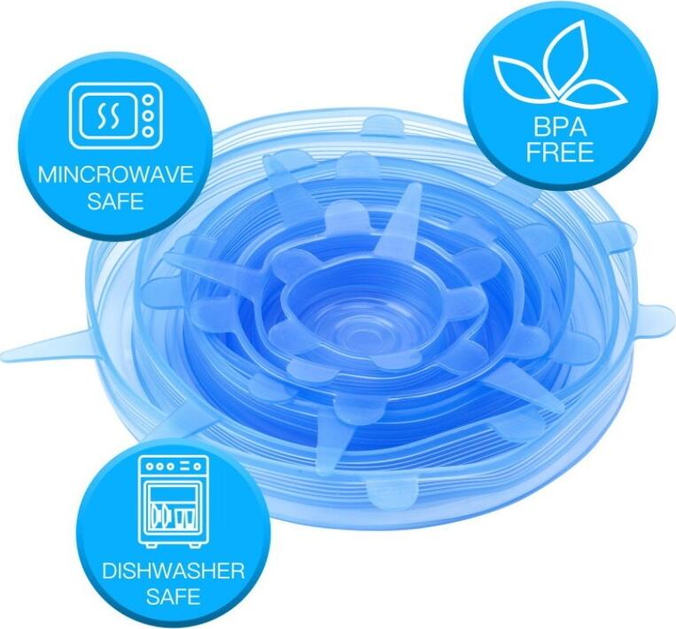 Set of 6 Reusable Elastic Silicone Lids, Universal Stretch Covers for Bowls and Plates, BPA-Free Food Grade Material, Dishwasher Safe, 6 Different Sizes