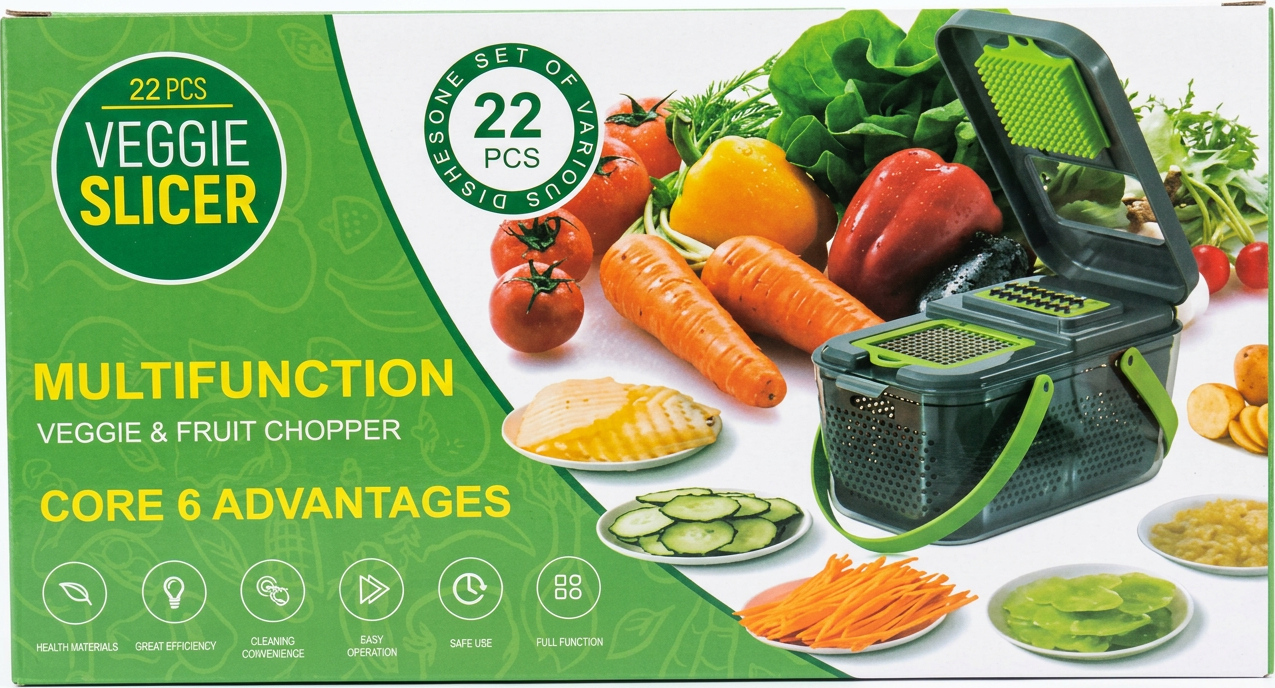 Grey and Green 13-Blade Multi-functional Vegetable Slicer and Mandoline Chopper with 1.5L Container and 420-grade Stainless Steel Blades