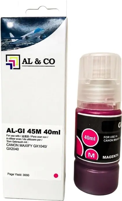 Flacon Cerneală Compatibil AL&CO pentru Canon GI-45 Magenta, 40ml Pigment, 3000 Pagini, pentru Imprimante MAXIFY GX1040 GX2040 MegaTank