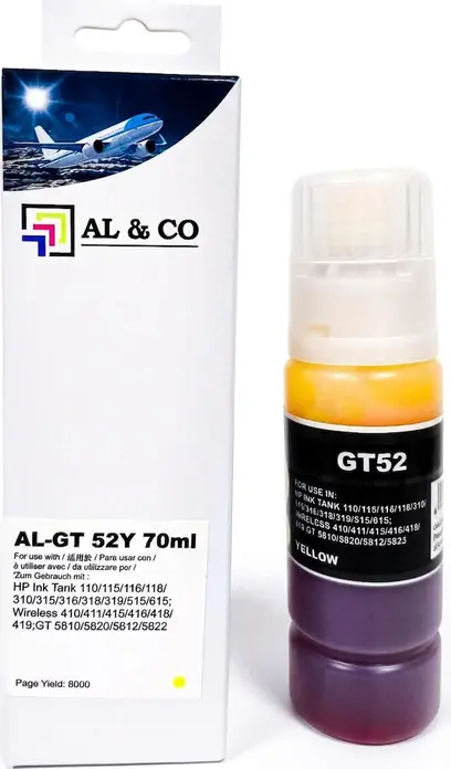Cerneală Compatibilă AL&CO pentru HP GT-52 Galben, 70ml, 8000 Pagini, pentru HP Ink Tank 315, 415, Smart Tank 500, 515, 530, 615, Dye-Based