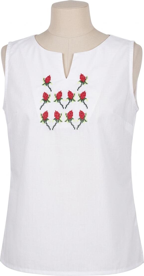 Bluza Nationala Moldoveneasca Benefis J 0234, Bumbac Natural Alb, Broderie Mecanizata in Stil Folk cu Trandafiri Rosii, Fara Maneca, V-neck, Marime M