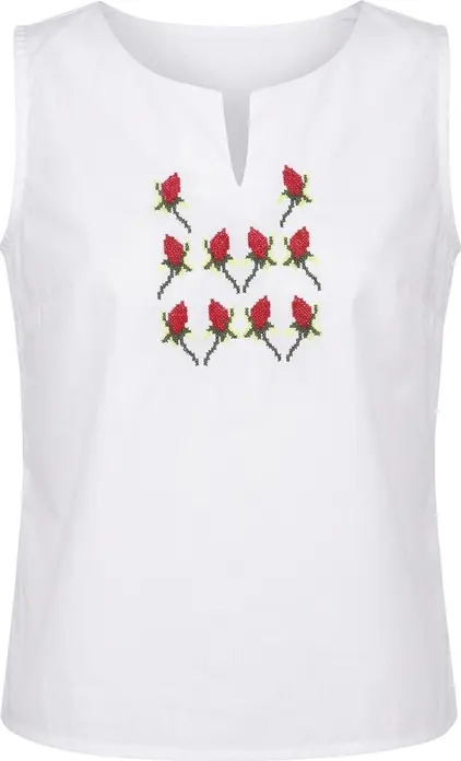 Bluza Nationala Moldoveneasca Benefis J 0234, Bumbac Natural Alb, Broderie Mecanizata in Stil Folk cu Trandafiri Rosii, Fara Maneca, V-neck, Marime M