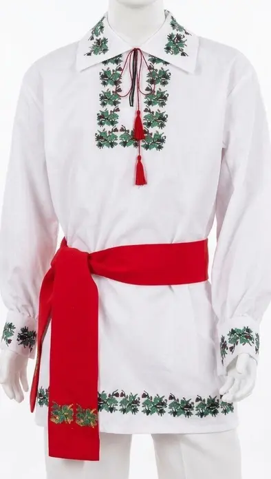 Camasa Nationala Moldoveneasca Benefis J 0238(4951) pentru Barbati si Baieti, Albă cu Maneca Lunga, Stan de Pinza Brodata Verde și Detalii Traditionale