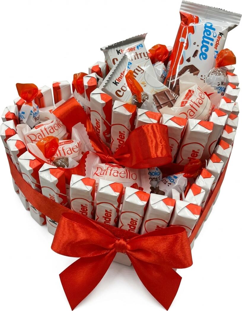 Подарочный букет из шоколада Kinder в форме сердца с Kinder Delice, Country, батончиками Kinder и конфетами Raffaello, красная лента, размер M+XS