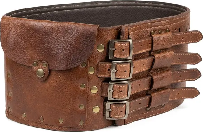 Traditional Romanian Black Leather Chimir Belt, Handmade Natural Leather, Wide Folk Costume Accessory with 3 Buckles, Metal Rivets and Leather Pocket