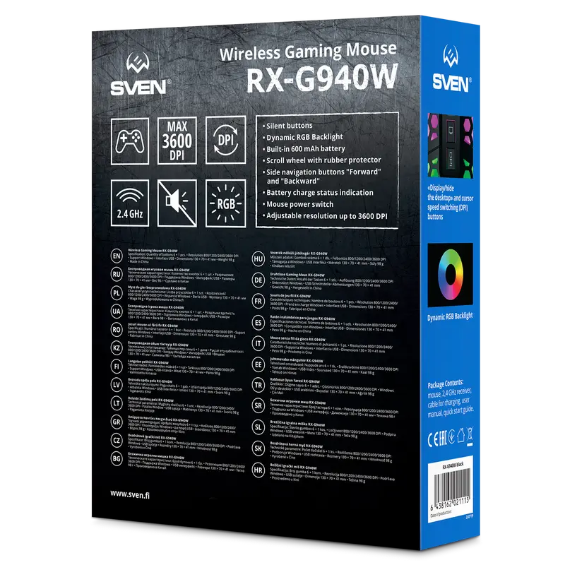 Беспроводная игровая мышь SVEN RX-G940W, бесшумные кнопки, сотовый корпус, RGB, 3600 DPI, 7 кнопок, 2.4ГГц, аккумуляторная