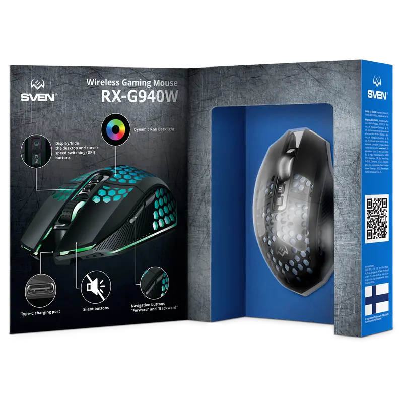 Беспроводная игровая мышь SVEN RX-G940W, бесшумные кнопки, сотовый корпус, RGB, 3600 DPI, 7 кнопок, 2.4ГГц, аккумуляторная
