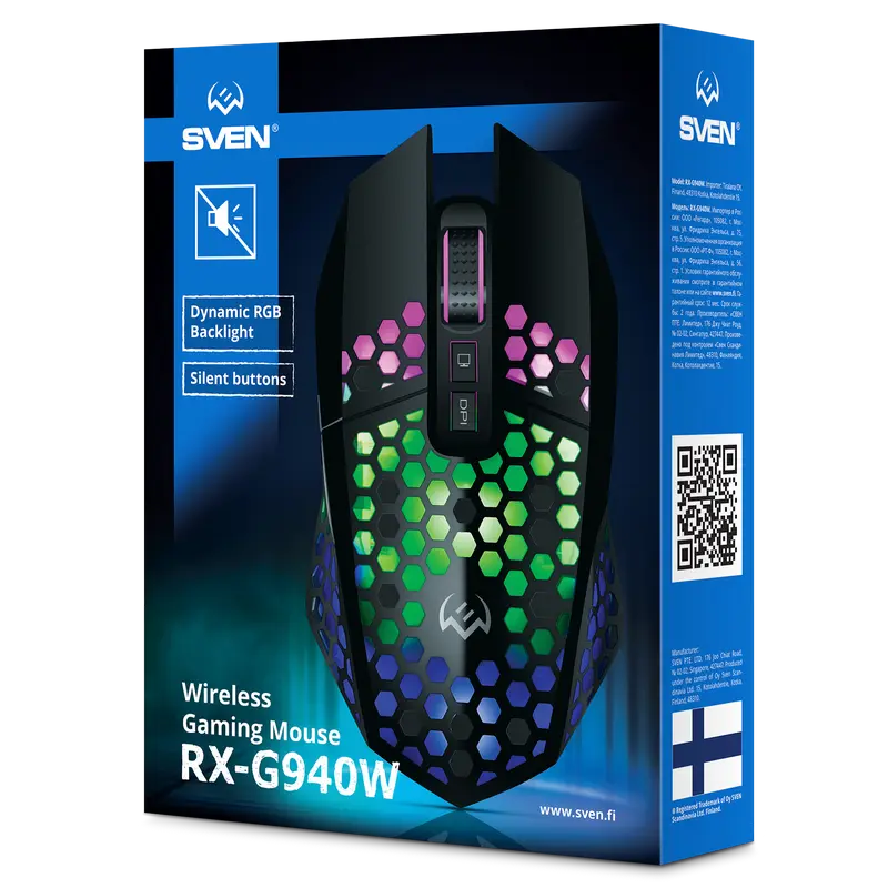 Беспроводная игровая мышь SVEN RX-G940W, бесшумные кнопки, сотовый корпус, RGB, 3600 DPI, 7 кнопок, 2.4ГГц, аккумуляторная