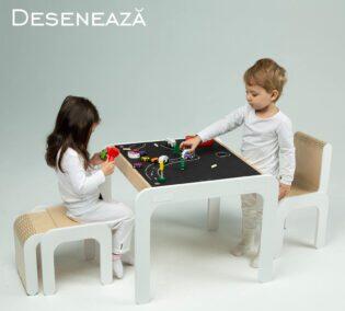 Oli.lioli Activity Table Set with 2 Chairs, Reversible Chalkboard Top, Integrated Storage, Tool-Free Assembly, Wooden Plywood, 50x58x62 cm