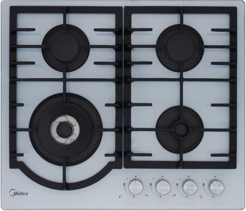 Midea MG696TGW Built-in Gas Hob, 60 cm, 4 Defendi Burners, WOK Turbo Burner, White Tempered Glass, Cast Iron Grates, Gas Control, Electric Ignition