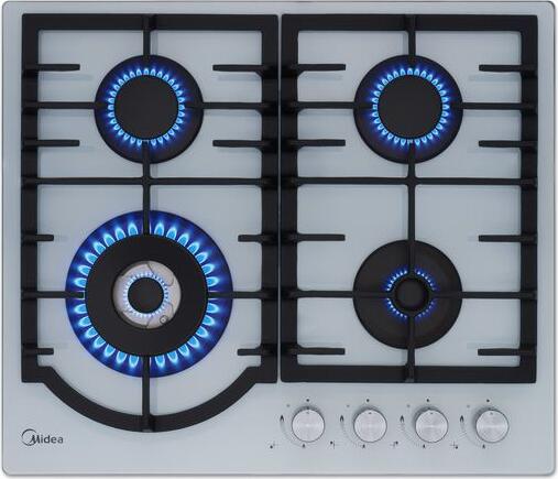 Midea MG696TGW Built-in Gas Hob, 60 cm, 4 Defendi Burners, WOK Turbo Burner, White Tempered Glass, Cast Iron Grates, Gas Control, Electric Ignition