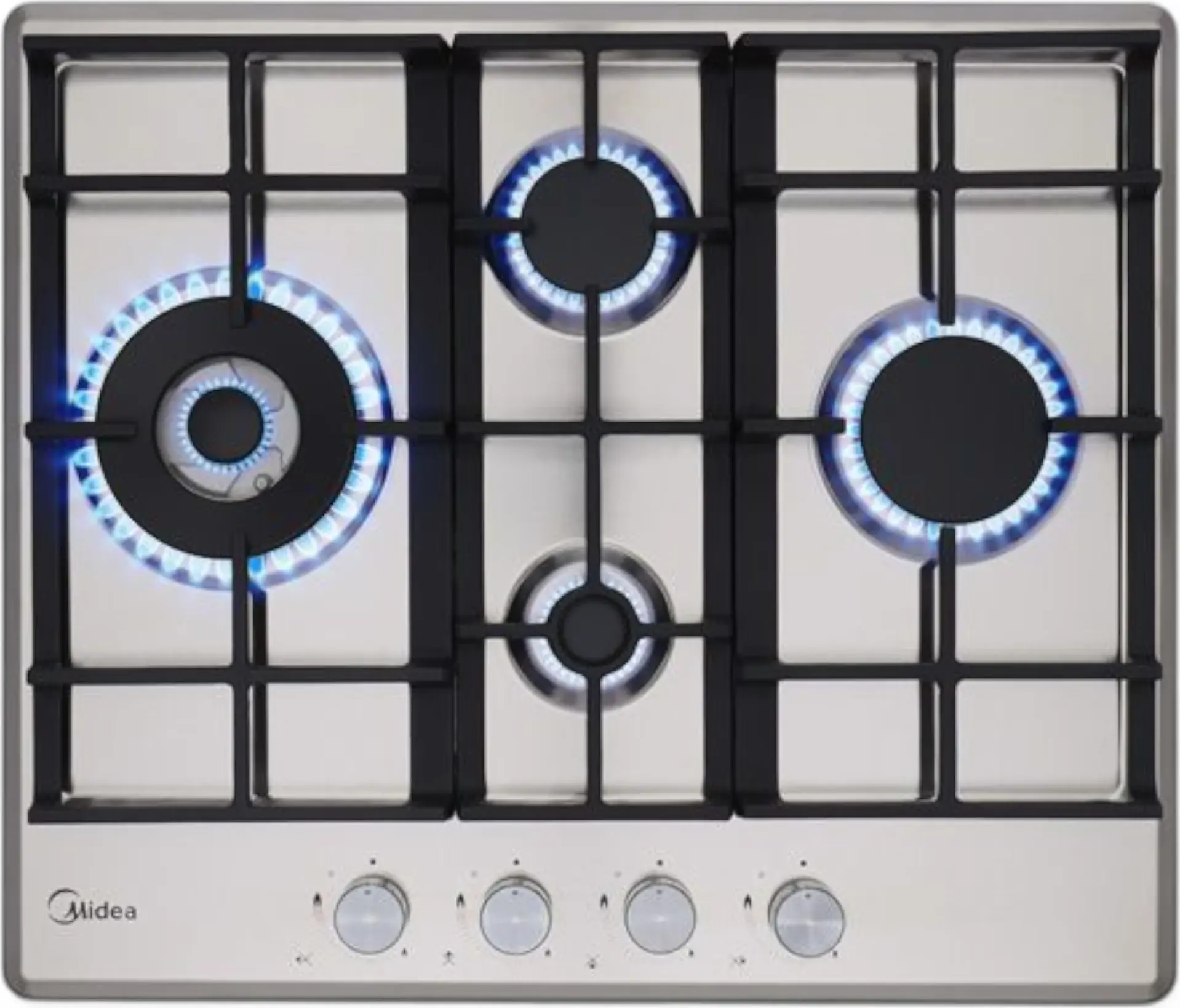Midea MG697TX Built-in Gas Hob, 60 cm, 4 Defendi Burners, 3.8kW WOK, Stainless Steel, Cast Iron Grates, Flame Failure Safety, Electric Ignition