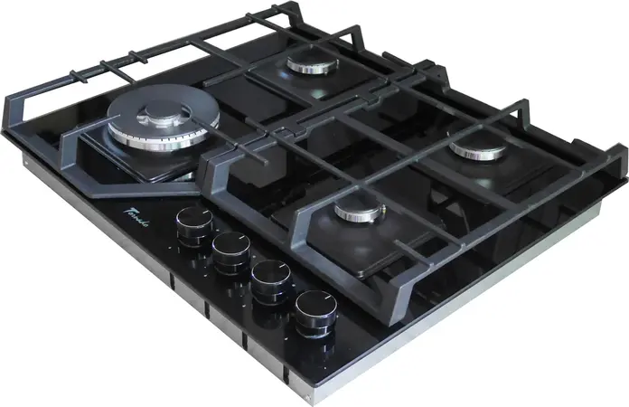 Tornado TRCB-1460 BL GL Built-in Gas Hob, 60cm, 4 Burners, Defendy Italy, WOK Turbo Burner, Cast Iron Grates, Gas-Control, Black Tempered Glass