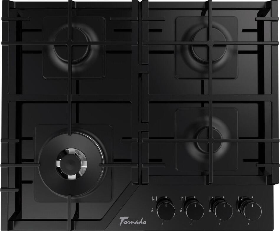 Tornado TRCB-1460 BL GL Built-in Gas Hob, 60cm, 4 Burners, Defendy Italy, WOK Turbo Burner, Cast Iron Grates, Gas-Control, Black Tempered Glass