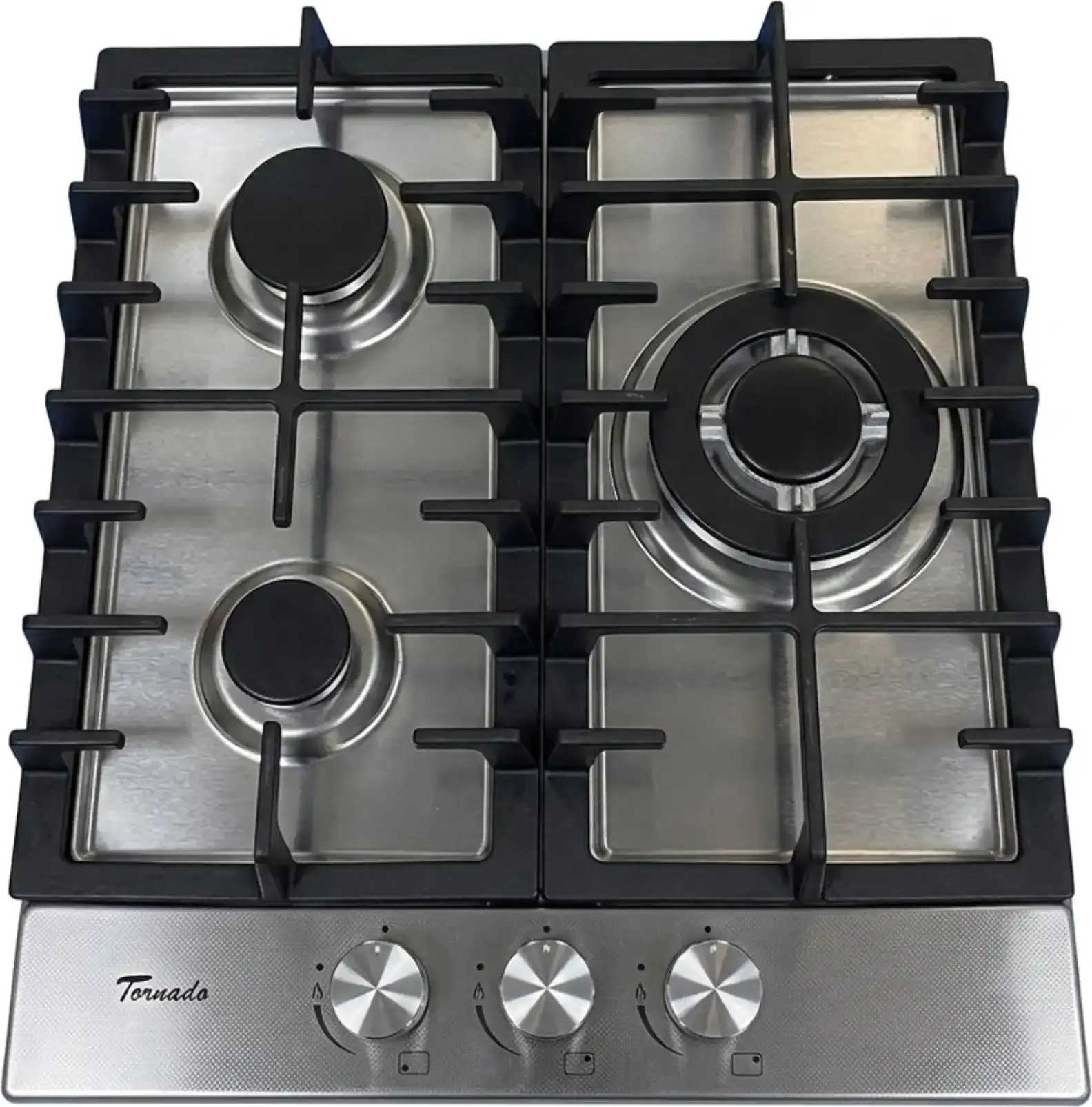 Tornado TR-453 HM INOX Built-in Gas Hob, 45cm, 3 Burners with WOK, Textured Stainless Steel, Cast Iron Grates, Gas Control, Electric Ignition