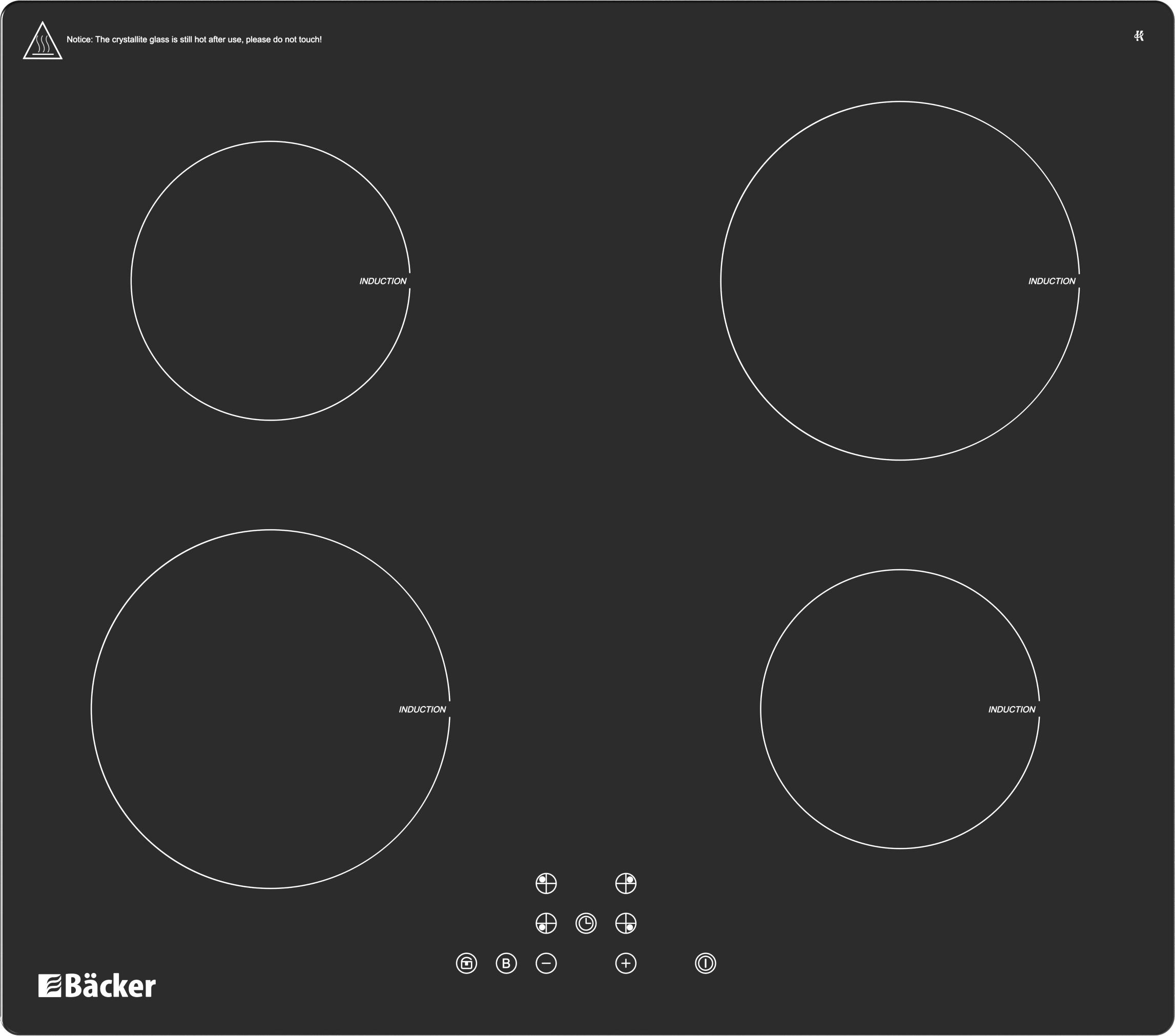 Backer BIN60X4 INDUCTION Built-in Cooktop, 60cm, 4 Zones, Vitroceramic Glass, Touch Control, 9 Power Levels, Boost, Timer, Child Lock, Black