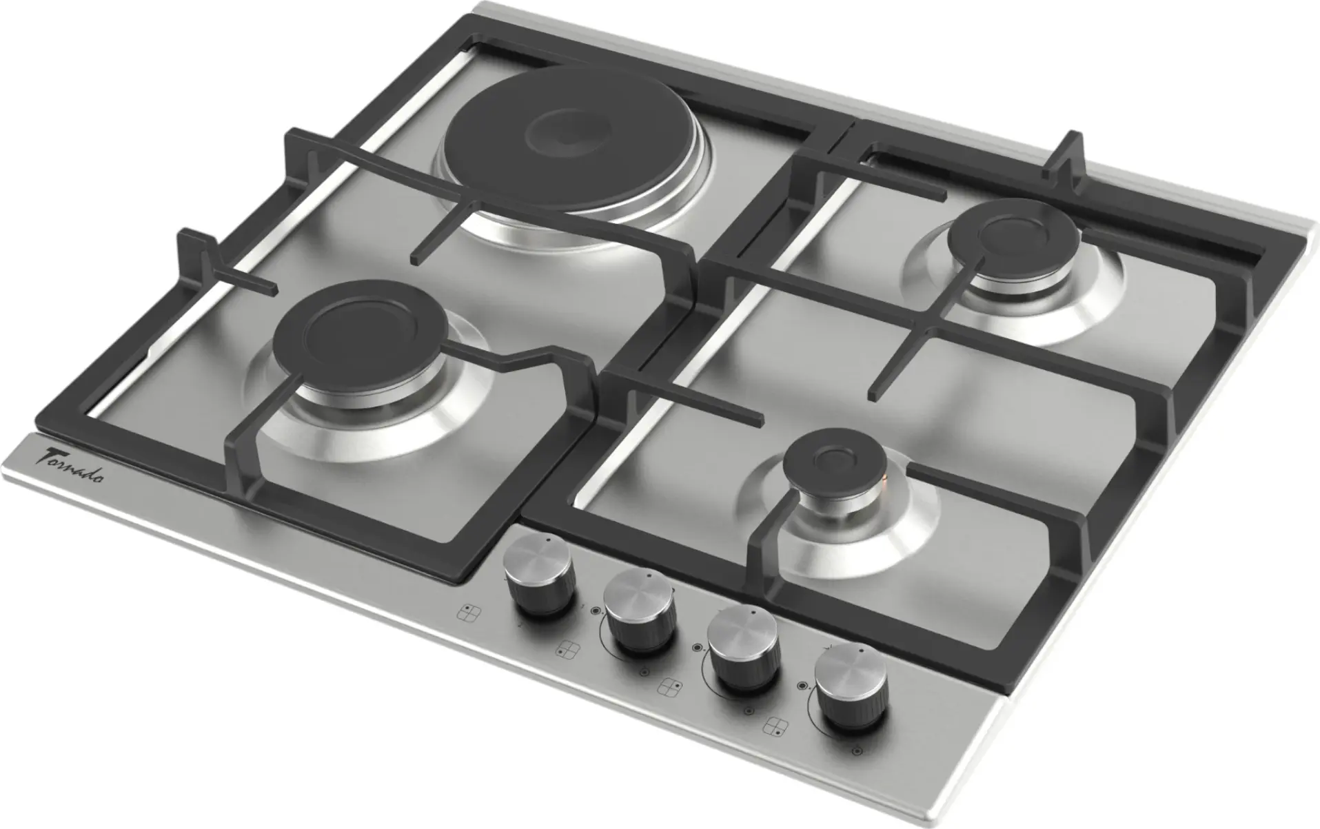 Tornado BRD60 3G1E IX Combined Built-in Cooktop, 3 Gas Burners + 1 Electric Zone, Stainless Steel, Cast Iron Grates, Gas-Control, 60 cm