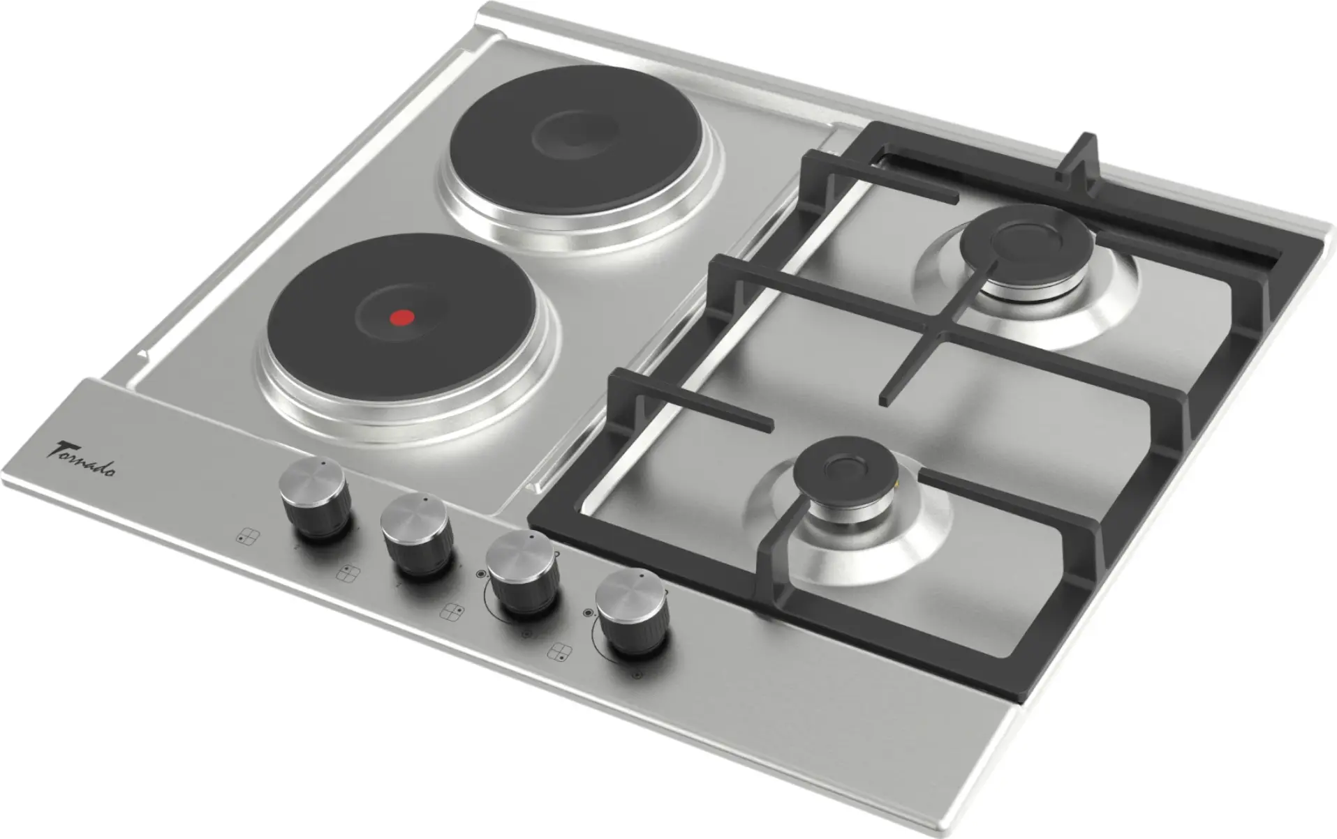 Tornado BRD60 2G2E IX Combined Built-in Hob, 60cm, 2 Gas Burners & 2 Electric Zones, Stainless Steel, Cast Iron Grates, Gas-Control, Auto-Ignition