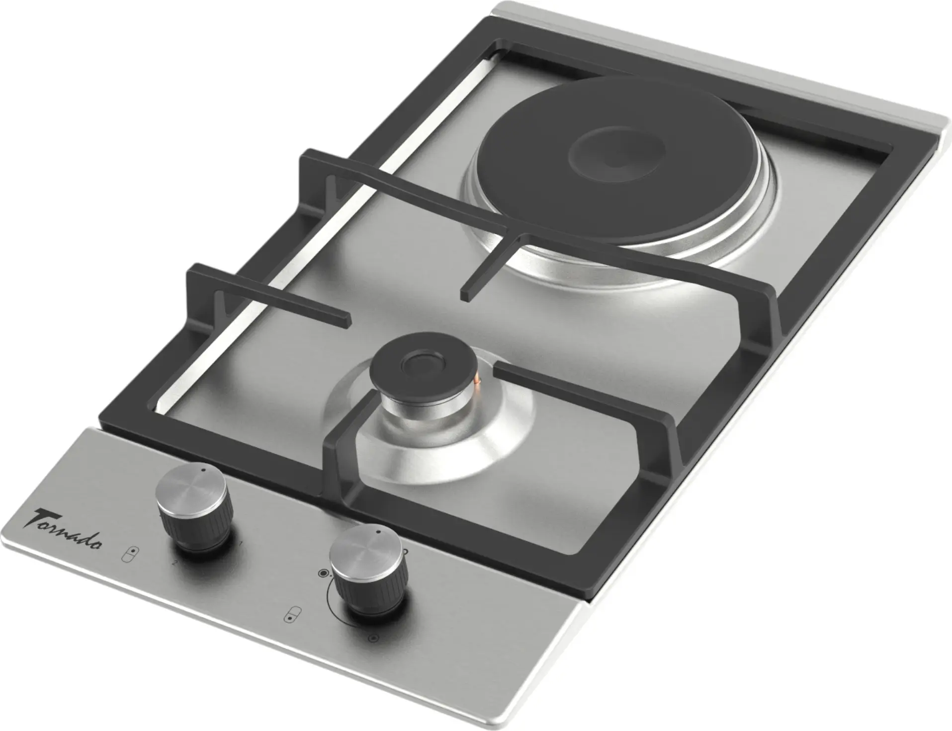 Tornado BRD30 1G1E IX Combined Built-in Cooktop, 30cm, 1 Gas Burner + 1 Electric Zone, Stainless Steel, Cast Iron Grate, Electric Ignition