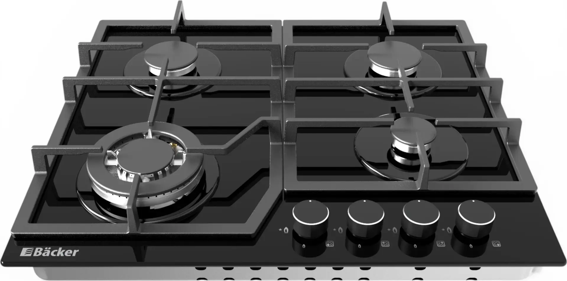 Backer RIKI 6004 Turbo BL GL Built-in Gas Hob, 4 Burners, 60cm, Tempered Glass, Cast Iron Grates, Wok Burner, Gas-Control, Black