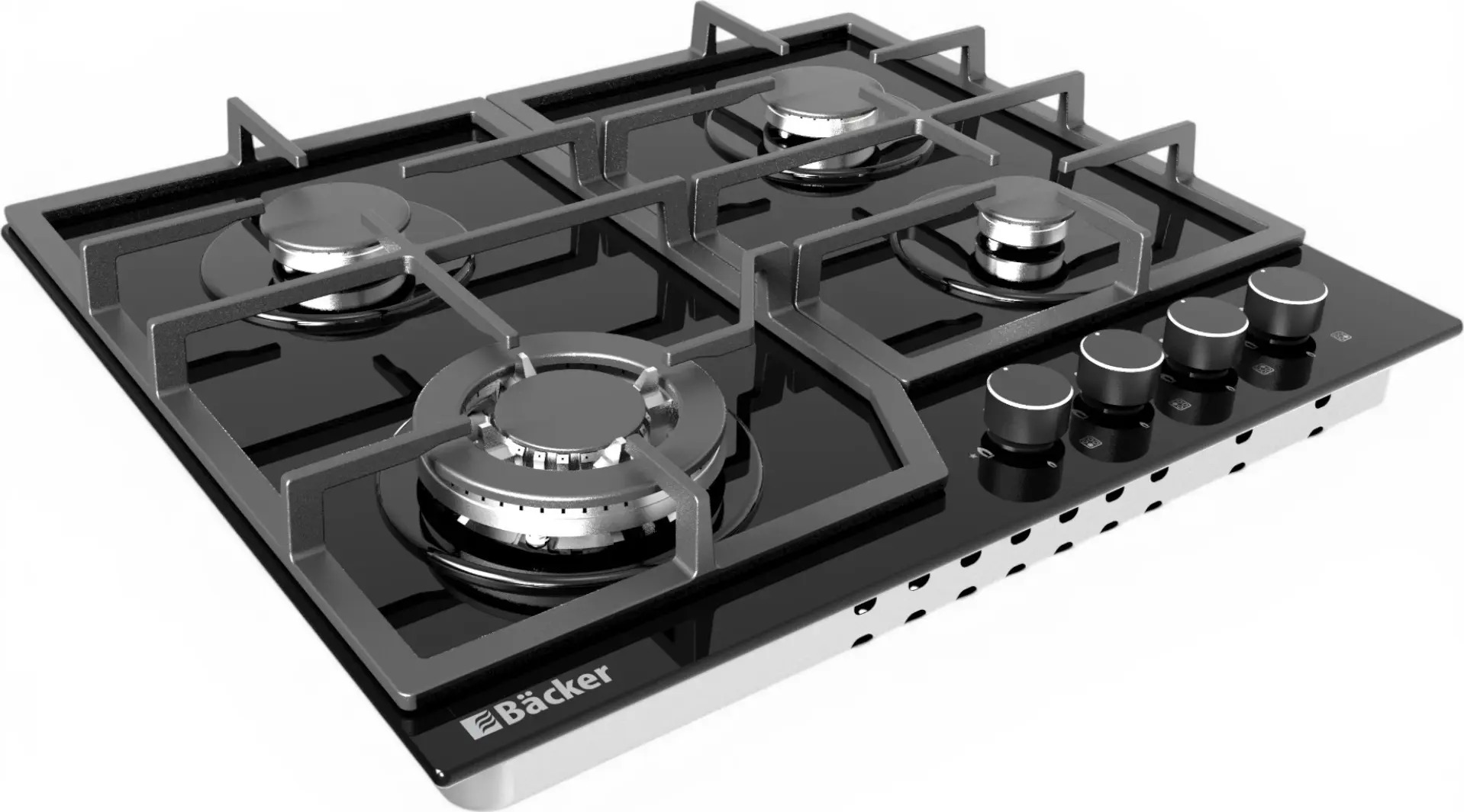 Backer RIKI 6004 Turbo BL GL Built-in Gas Hob, 4 Burners, 60cm, Tempered Glass, Cast Iron Grates, Wok Burner, Gas-Control, Black