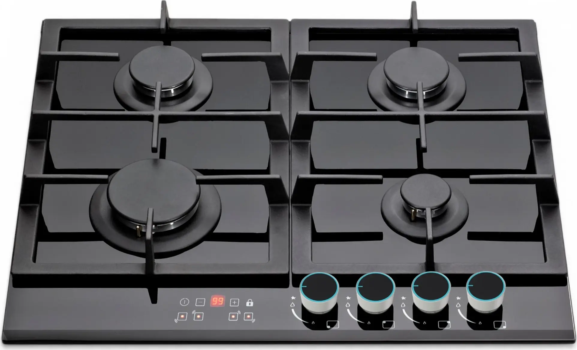 Backer NONA 6033 Timer Light Built-in Gas Hob, 60cm, 4 Burners, WOK, Black Tempered Glass, Cast Iron Grates, Individual Digital Timer, LED Knobs