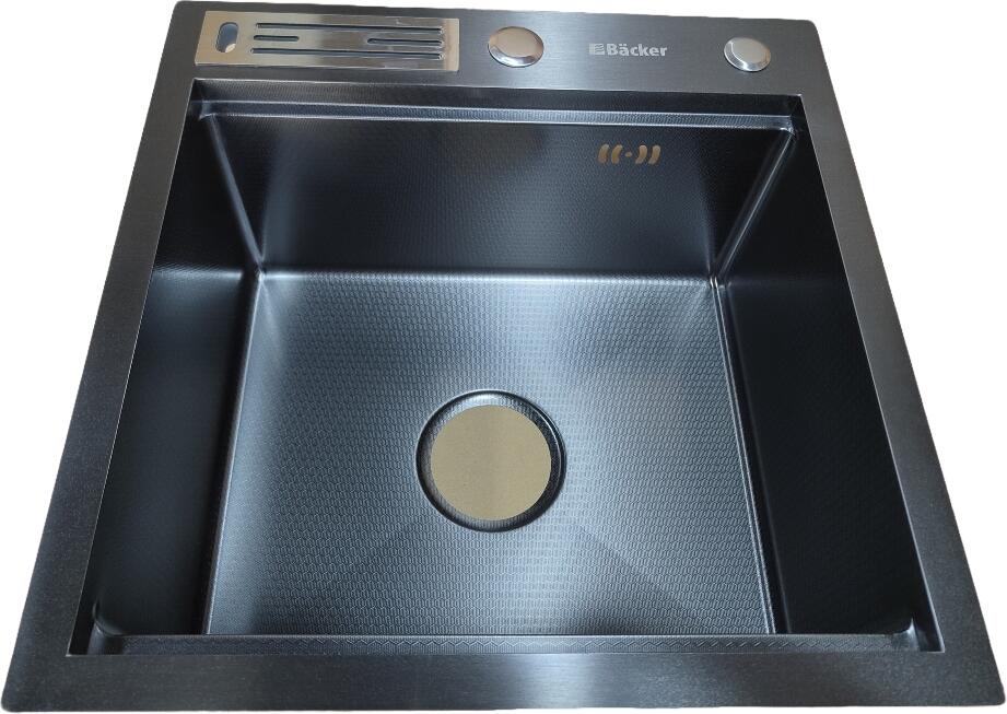 Chiuvetă de bucătărie Backer Basic 450-45031, 450x450x220mm, Inox 304, Finisaj PVD Nano Black HoneyComb, Montaj pe blat, Sifon și Dozator incluse