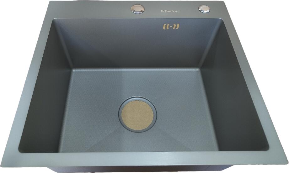 Chiuvetă de bucătărie Backer Grid 500-45033, o cuvă, Inox 304, PVD Titan Grey, 500x450x330mm, grosime 3mm, include sifon, dozator și coș