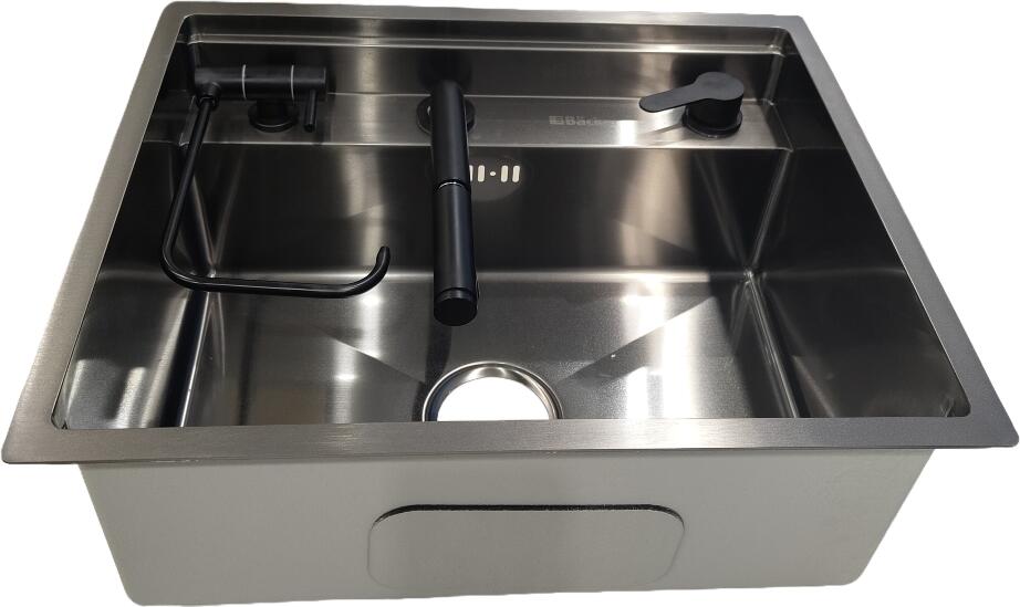 Backer Combo 550-45073 Kitchen Sink, AISI 304 Stainless Steel, Nano Black PVD, 550x450x220mm, with Foldable Faucet, Water Filter, Soap Dispenser