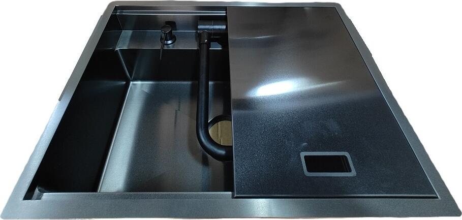 Chiuvetă de bucătărie Backer Hide 600-45074, 2 cuve, 600x450mm, Inox Nano Black PVD, include baterie pliabilă, dozator săpun și capace mascare