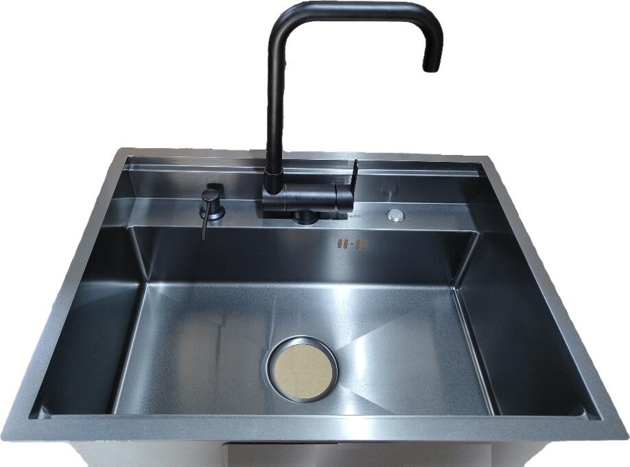 Chiuvetă de bucătărie Backer Hide 600-45074, 2 cuve, 600x450mm, Inox Nano Black PVD, include baterie pliabilă, dozator săpun și capace mascare