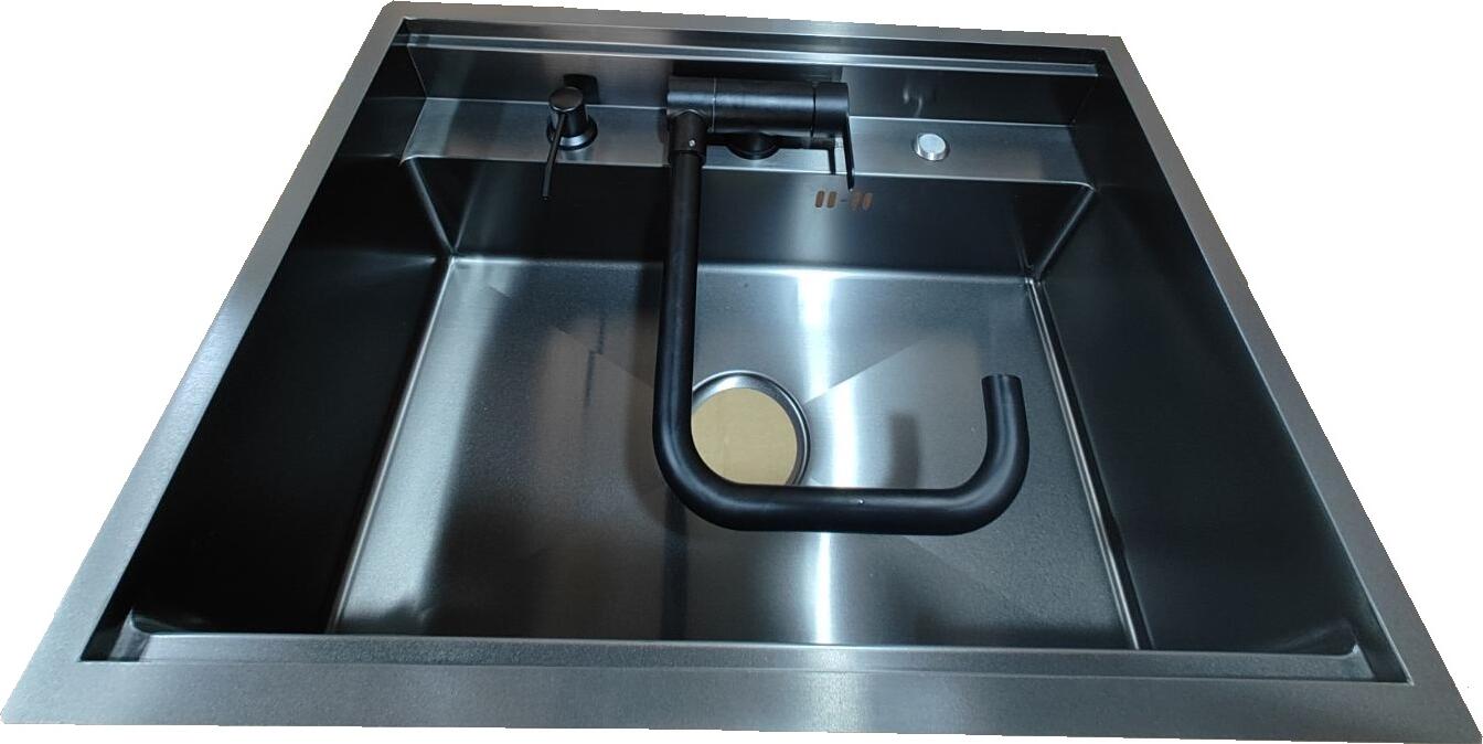 Chiuvetă de bucătărie Backer Hide 600-45074, 2 cuve, 600x450mm, Inox Nano Black PVD, include baterie pliabilă, dozator săpun și capace mascare