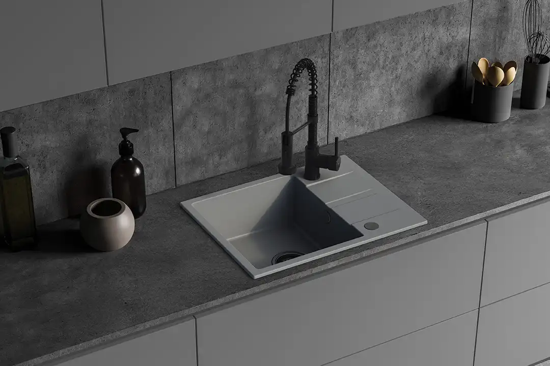 Backer NONA SOLO Granite Composite Kitchen Sink, 560x440mm, Single Bowl, Reversible Inset, Heat and Scratch Resistant, Grey Matte