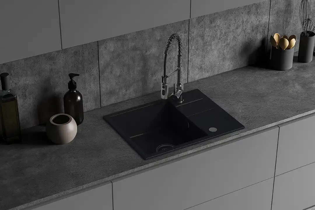 Backer NONA SOLO Single Bowl Granite Composite Kitchen Sink, 560x440mm, Rectangular Inset, Heat and Scratch Resistant, Black