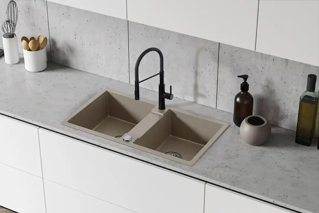 Backer NONA DUO Double Bowl Granite Composite Kitchen Sink, 800x440mm, 170mm Depth, Heat and Scratch Resistant, Inset Installation, Ivory
