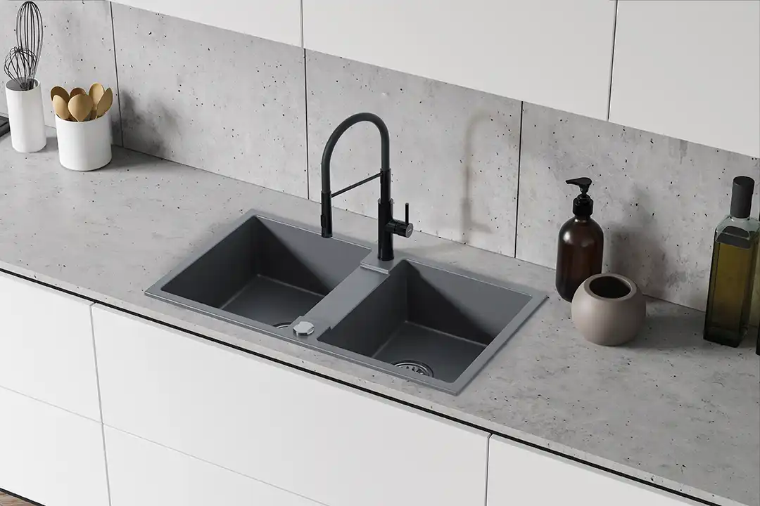 Backer NONA DUO Double Bowl Granite Composite Kitchen Sink, 800x440mm, 170mm Depth, Reversible, Heat and Scratch Resistant, Grey