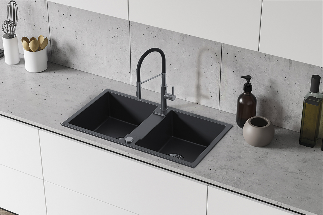 Backer NONA DUO Double Bowl Granite Composite Kitchen Sink, 800x440mm, 170mm Depth, Heat and Scratch Resistant, Matte Black