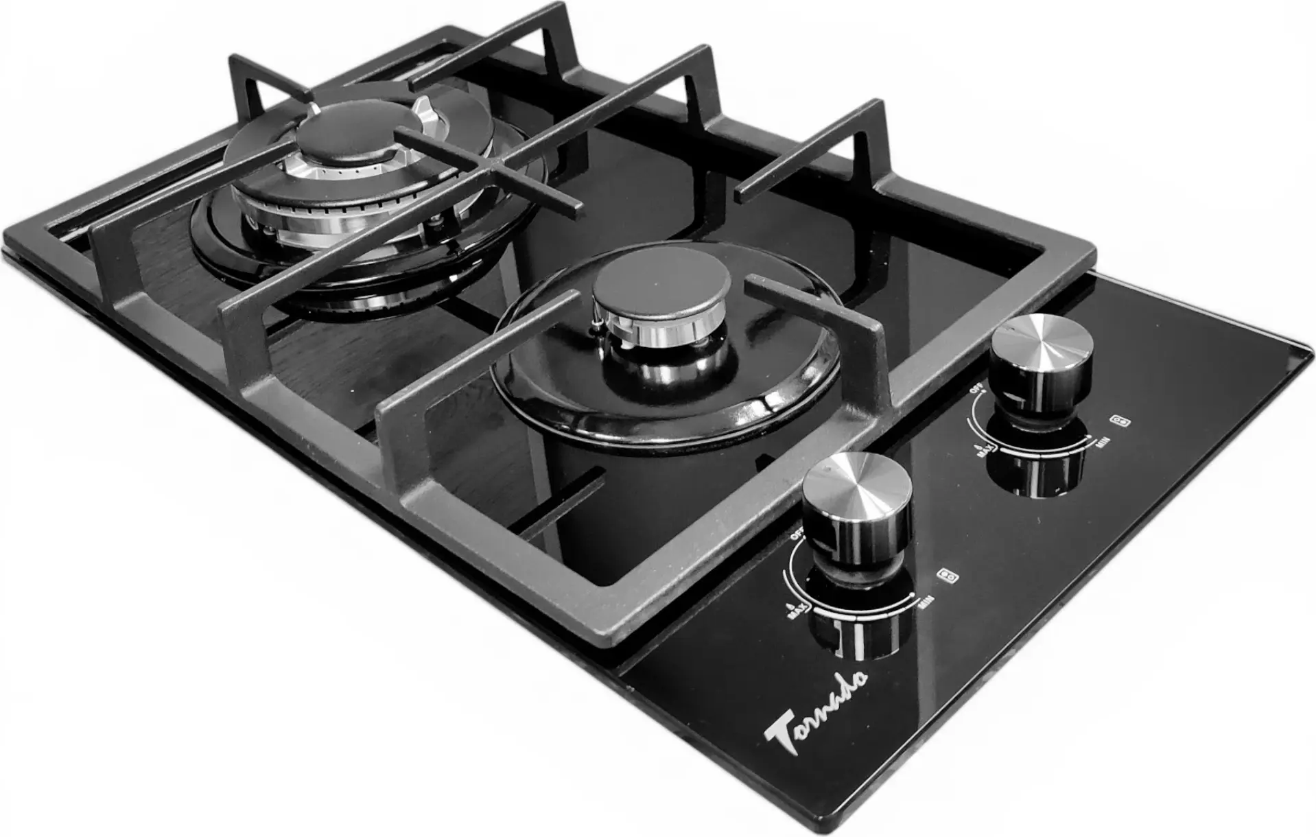 Tornado HZT 3032 BL Built-in Gas Hob, 30cm Domino, 2 Burners with 1 Turbo, Black Tempered Glass, Cast Iron Grates, Gas-Control, Auto-Ignition