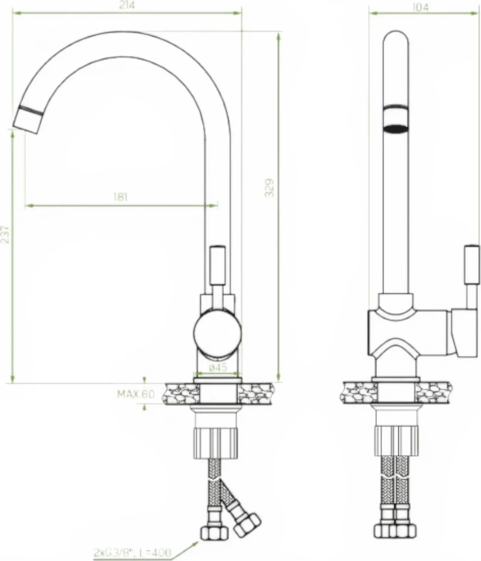 Backer LETE Kitchen Faucet, Single Lever, Granite Composite Black, 335mm Height, 35mm Ceramic Cartridge, Swivel Spout, Deck Mounted
