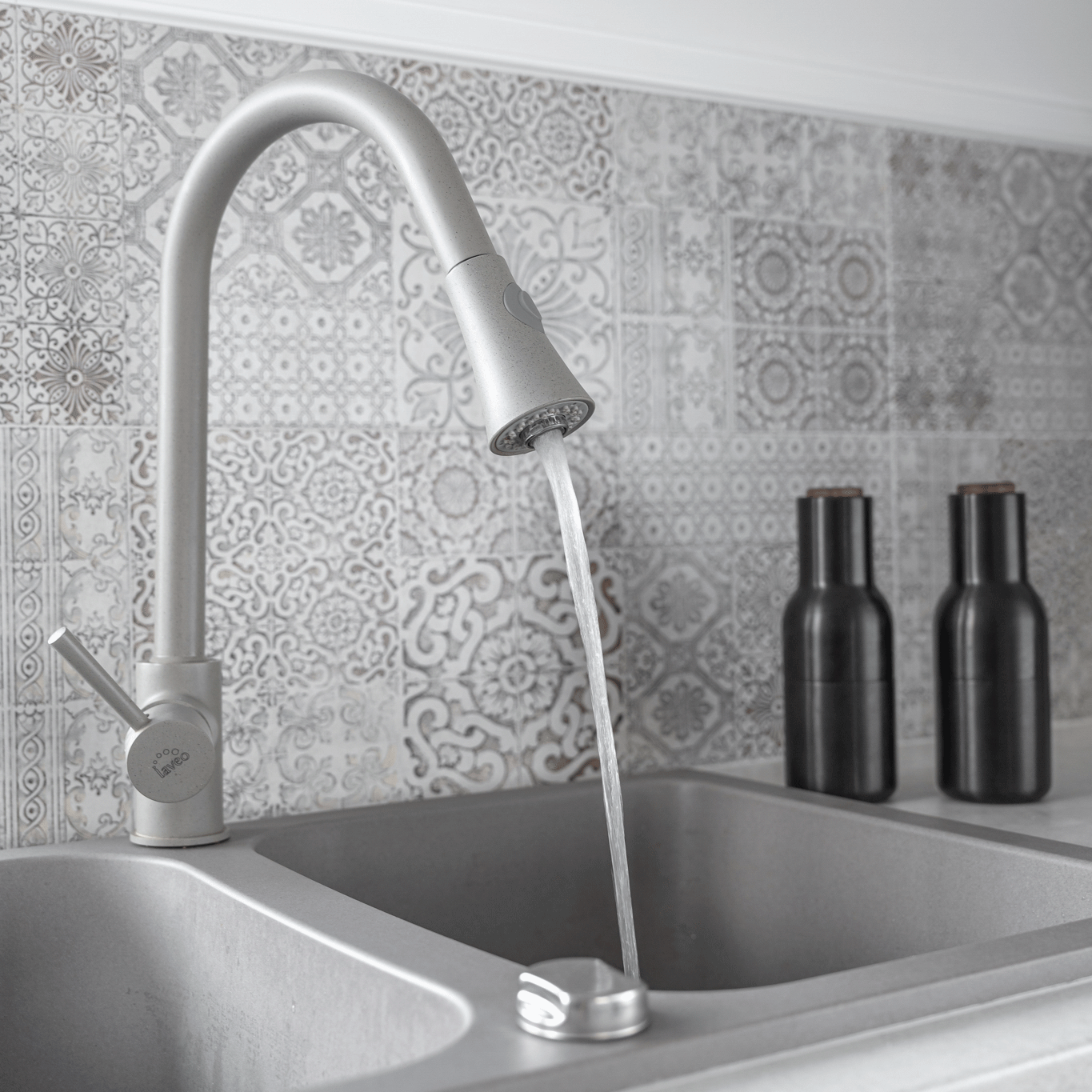 Backer DARU Kitchen Faucet, Granite Composite Grey, Pull-Out Spout with 2 Flow Modes, Single Lever, 41.5 cm Height, Ceramic Cartridge
