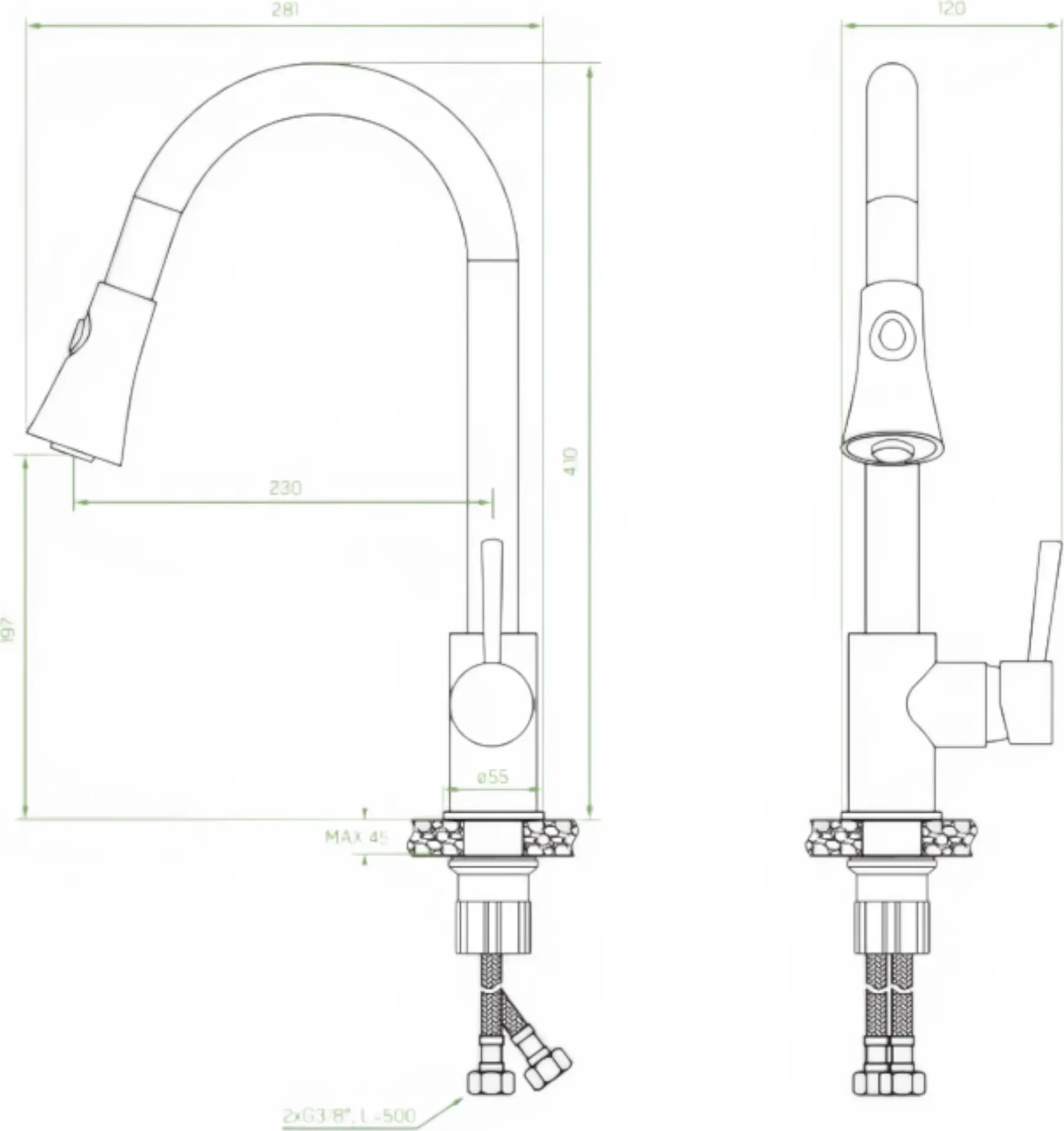Backer DARU Kitchen Faucet, Granite Composite, High Spout, 2 Water Flow Modes, Ceramic Cartridge, Beige, 41.5 cm